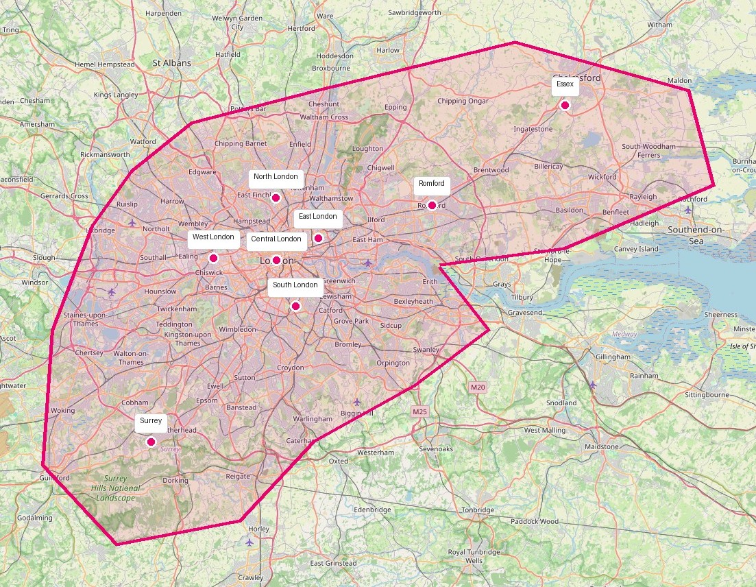 Map of WA Screeding coverage areas across London and surrounding areas